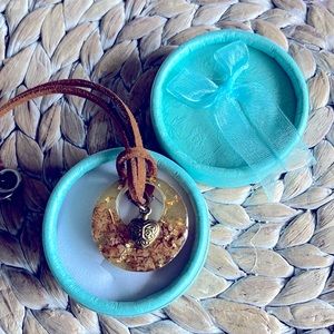 Hand made resin pendant with gold flakes and vintage mini heart